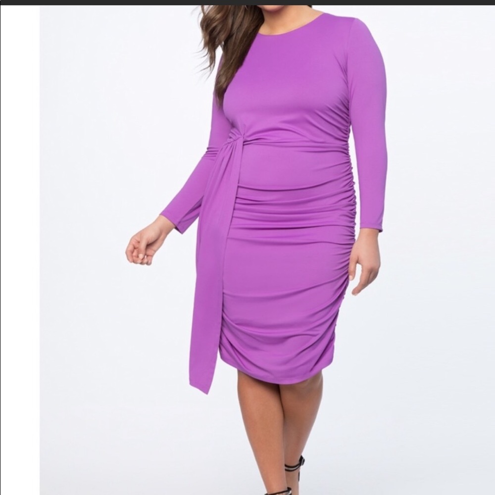Purple Ruched Dress with Skirt Overlay by Eloquii